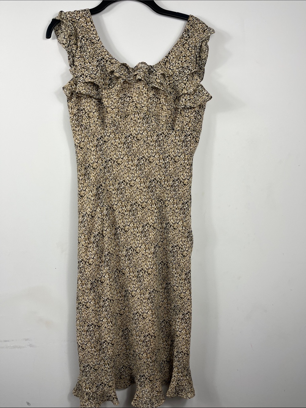 Expressions Black Tan Floral Ruffle Midi Dress Sleeveless Size 10